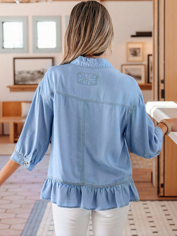 Lightweight Ruffled Peplum Denim Shirt