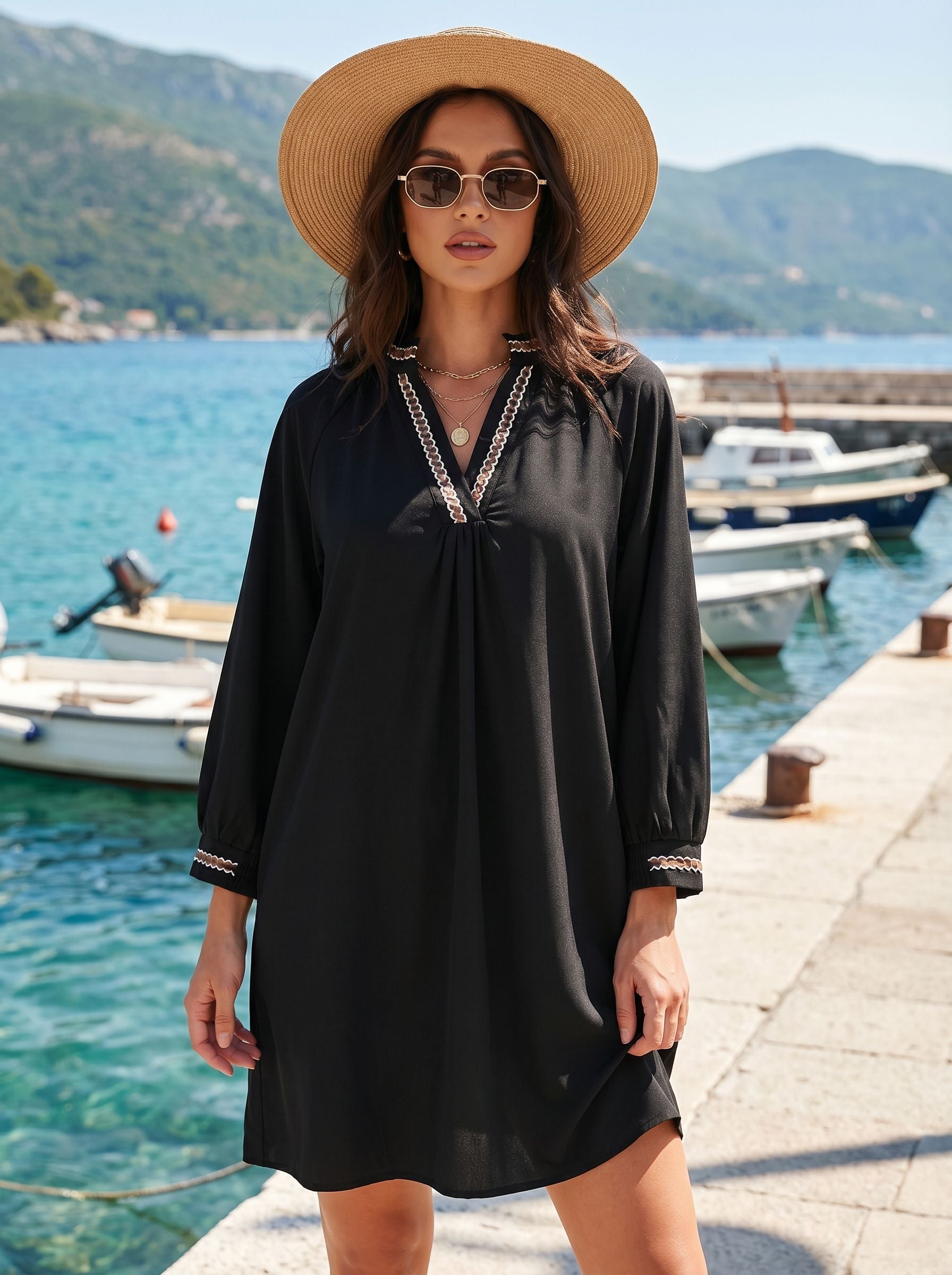 Embroidered V Neck Beach Mini Dress