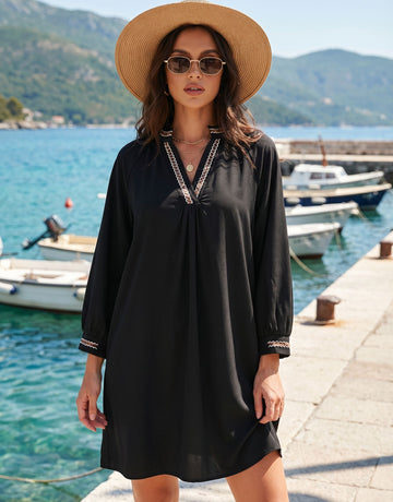 Embroidered V Neck Beach Mini Dress