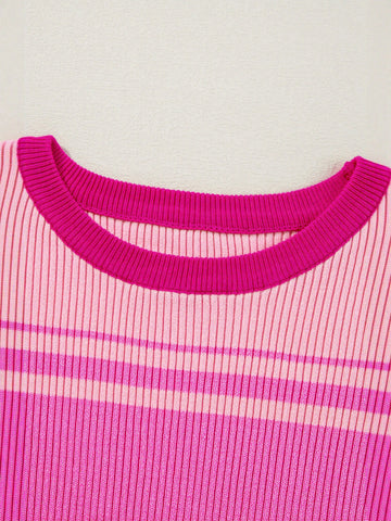 Striped Ribbed Short Sleeve Knit Sweater