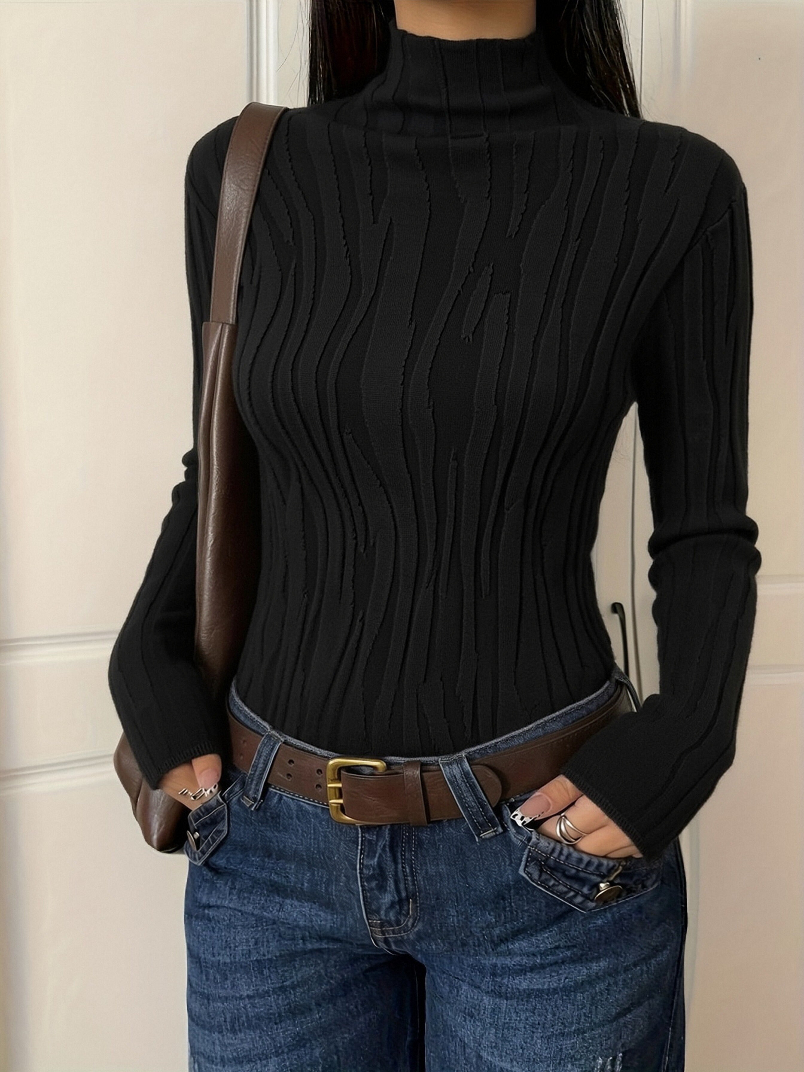 Textured Slim Fit Mock Neck Sweater
