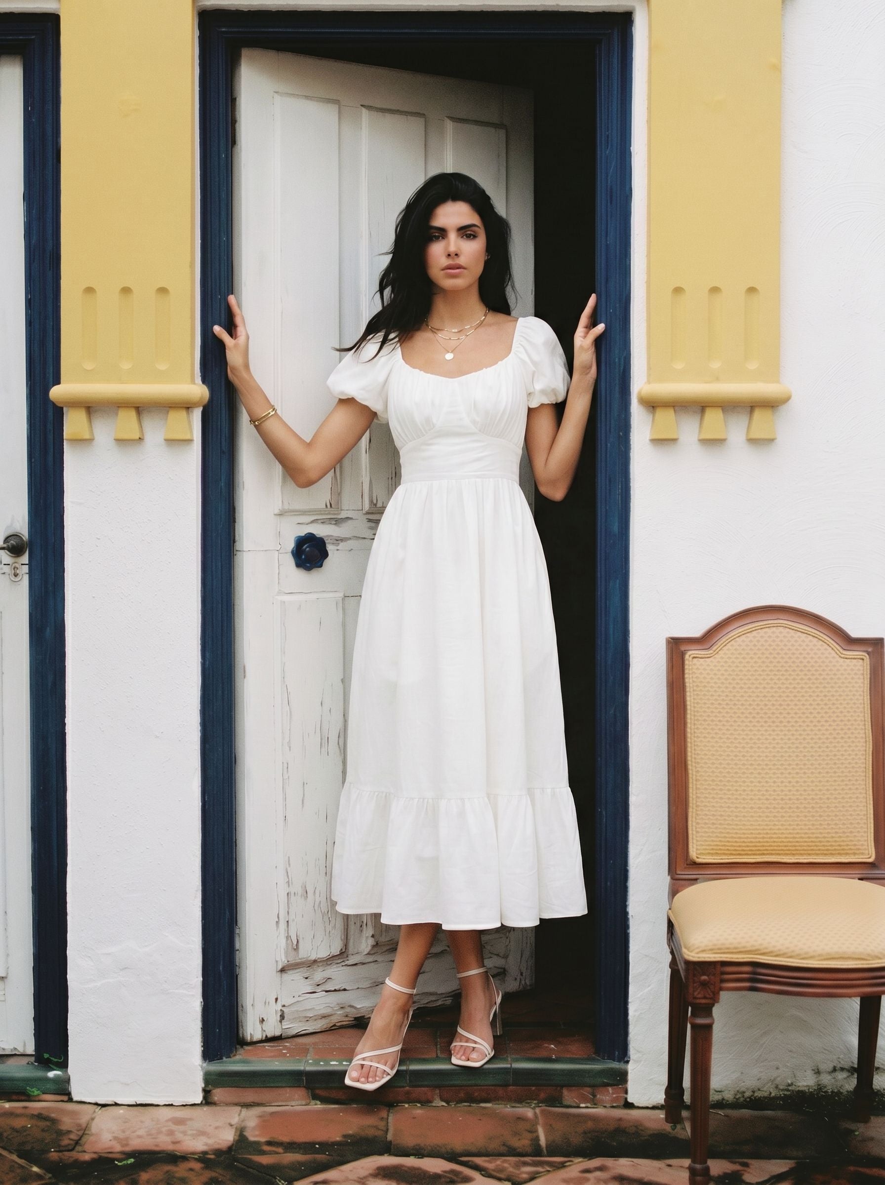 Open Back Puff Sleeve Midi Dress