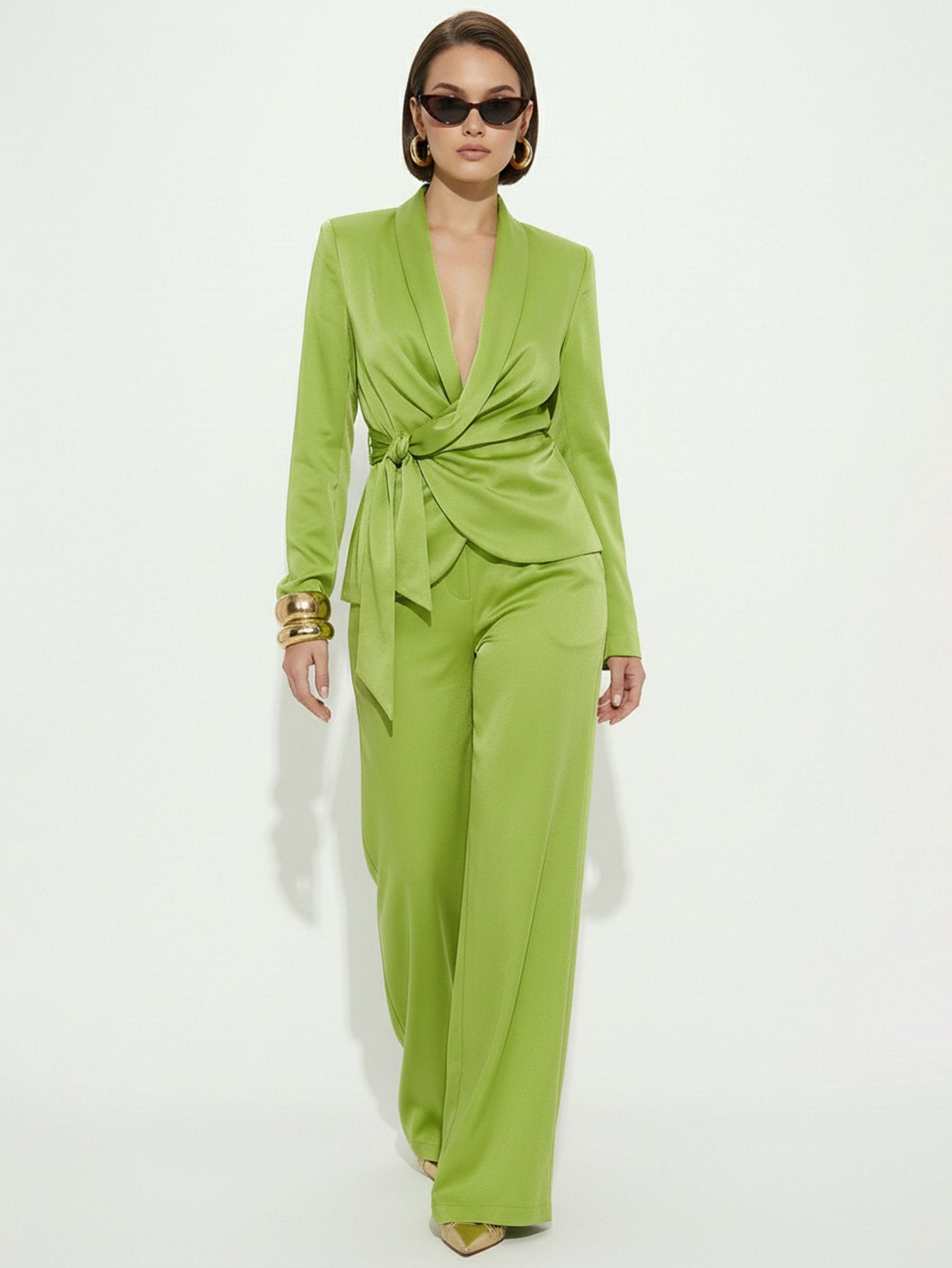 Tie Front Wide Leg Elegant Pant Set