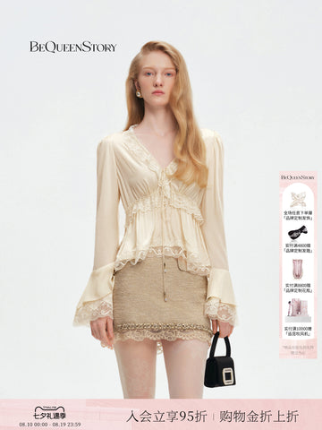 Elegant Lace Trim Satin Blouse