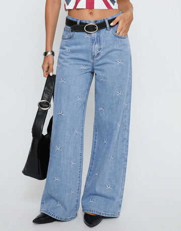 Embroidered Bow Wide Leg Jeans