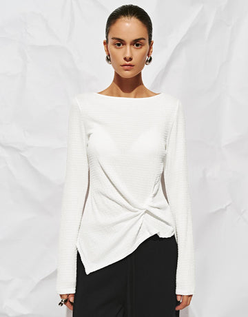 Urban Revivo Front Knot Long Sleeve T-Shirts-White