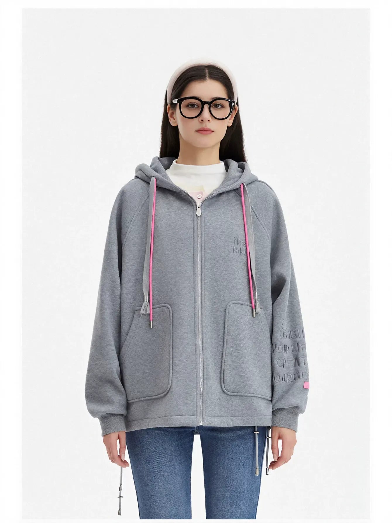 Oversized Graphic Bear Zip Up Hooded Jacket