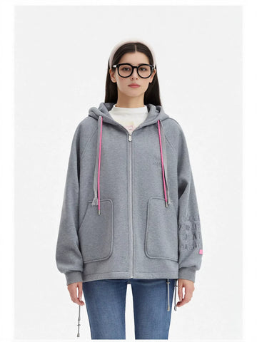 Oversized Graphic Bear Zip Up Hooded Jacket