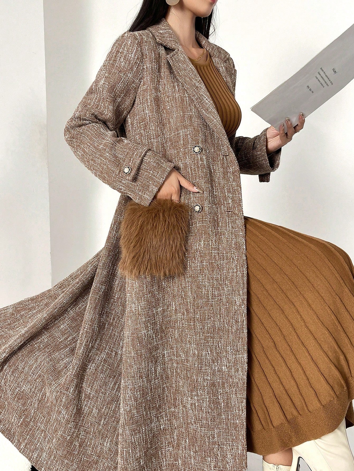 Faux Fur Pocket Textured Wool Coat