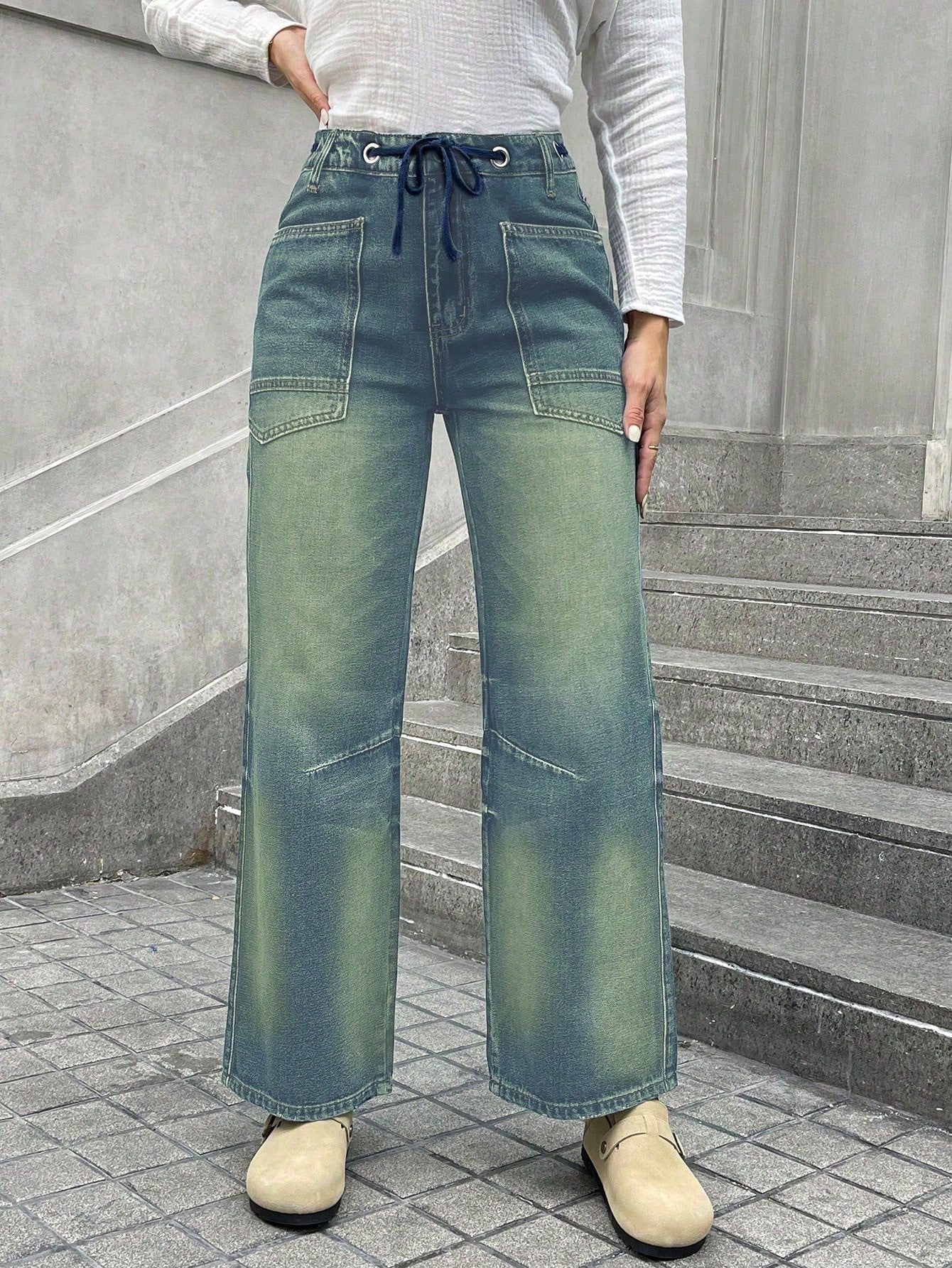 Wide-Le Drawstrin Casual Denim Jeans-Multicolor