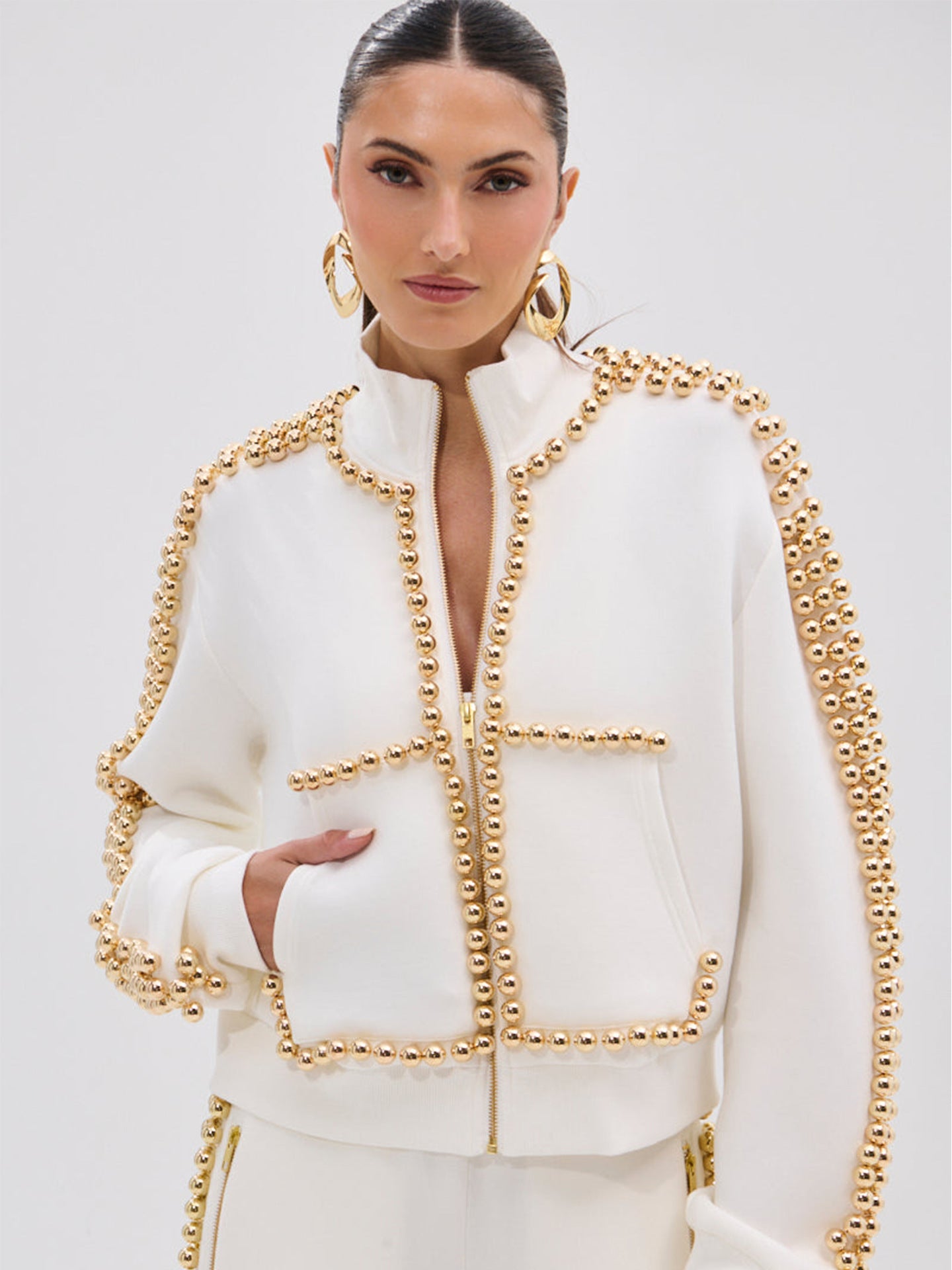 Embellished Studded Zip Up Pant Set