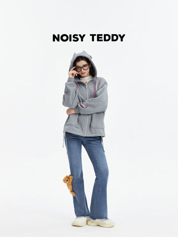 Oversized Graphic Bear Zip Up Hooded Jacket