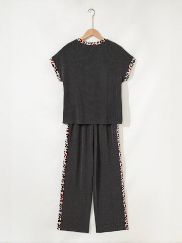 Striped Leopard Trim Pant Set