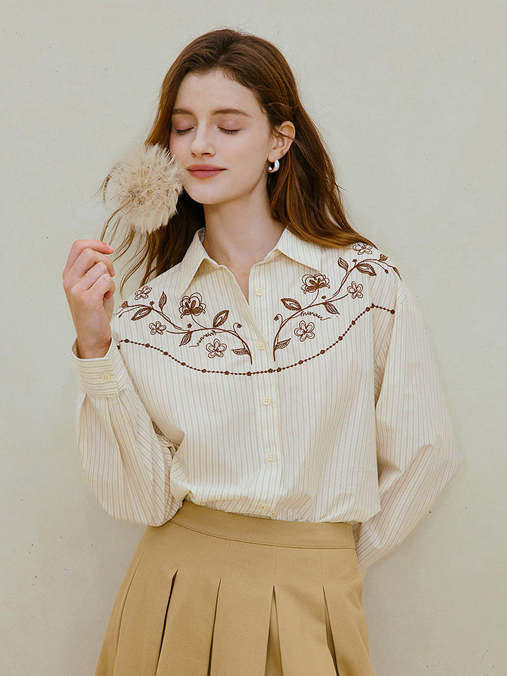Embroidered Striped Cotton Button Down Shirt