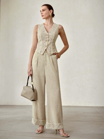 Elegant Lace Vest Wide Leg Pants Set