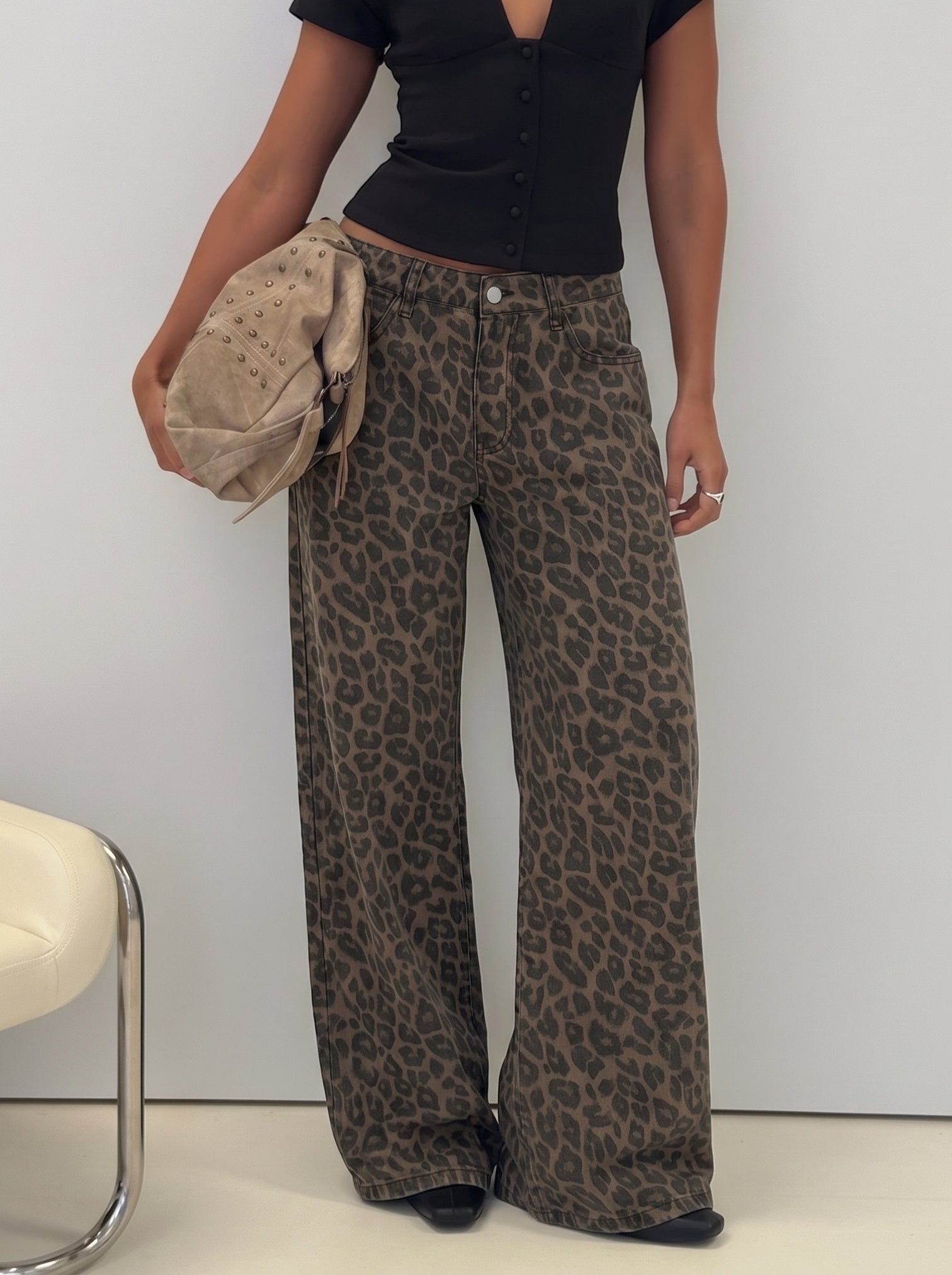 High Waisted Leopard Print Wide Leg Jeans