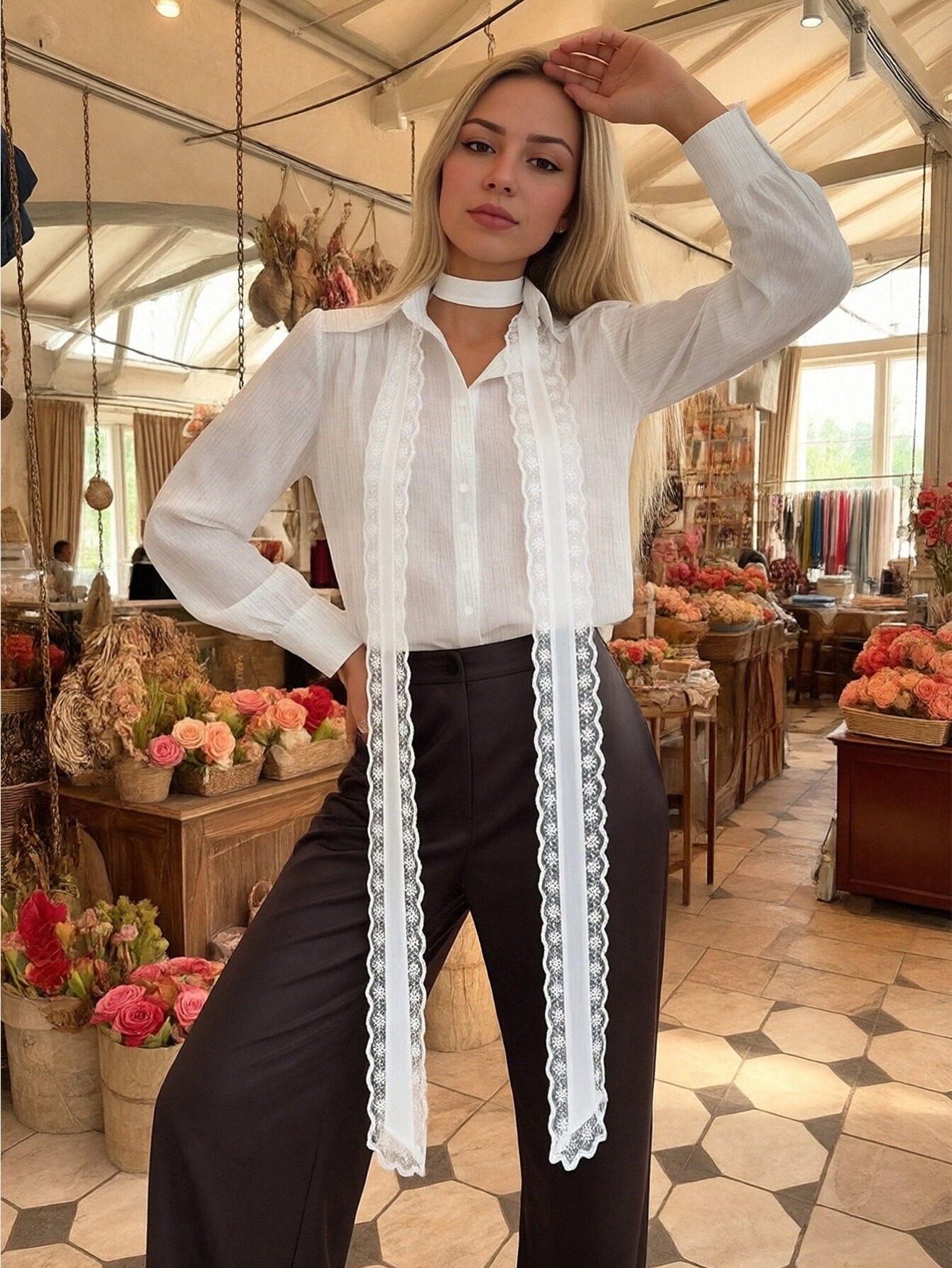 Elegant Lace Bow Tie Button Shirt