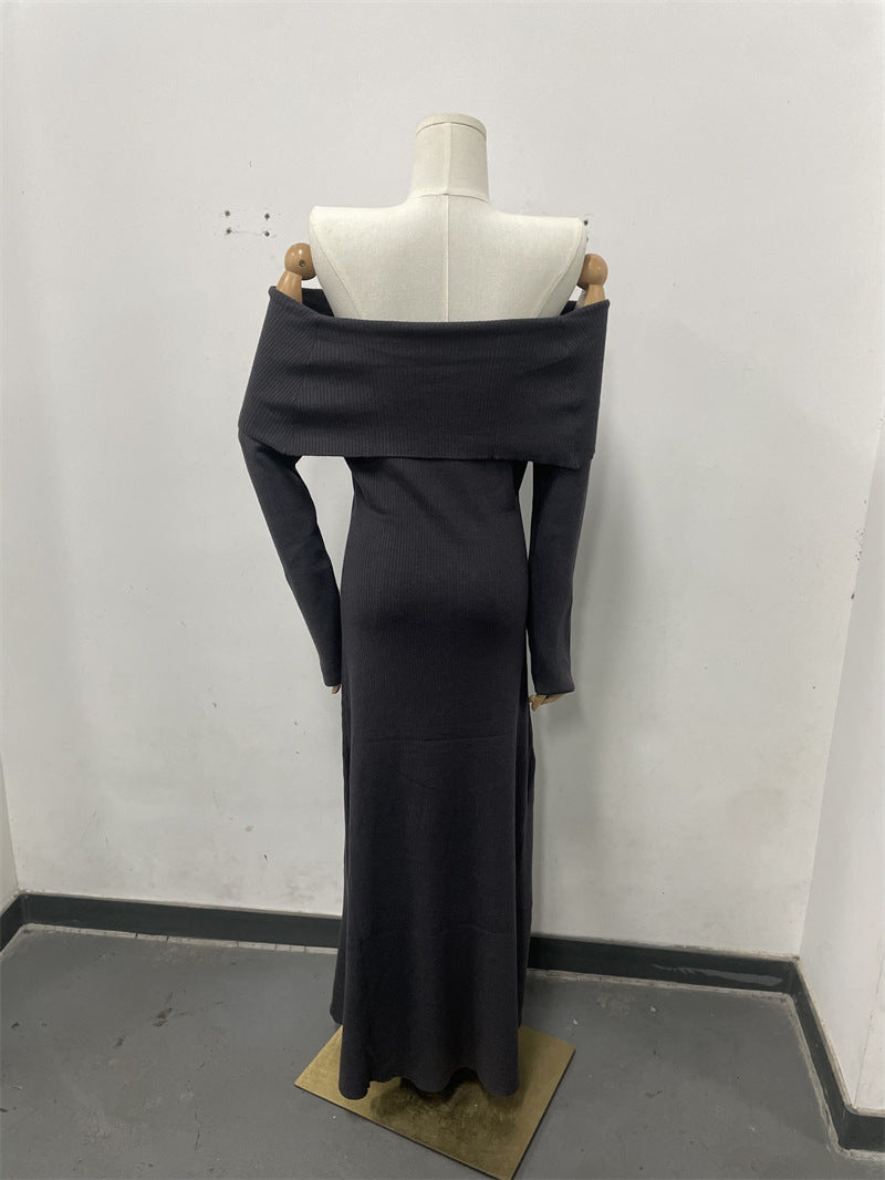 Off Shoulder Ribbed Knit Maxi Dress