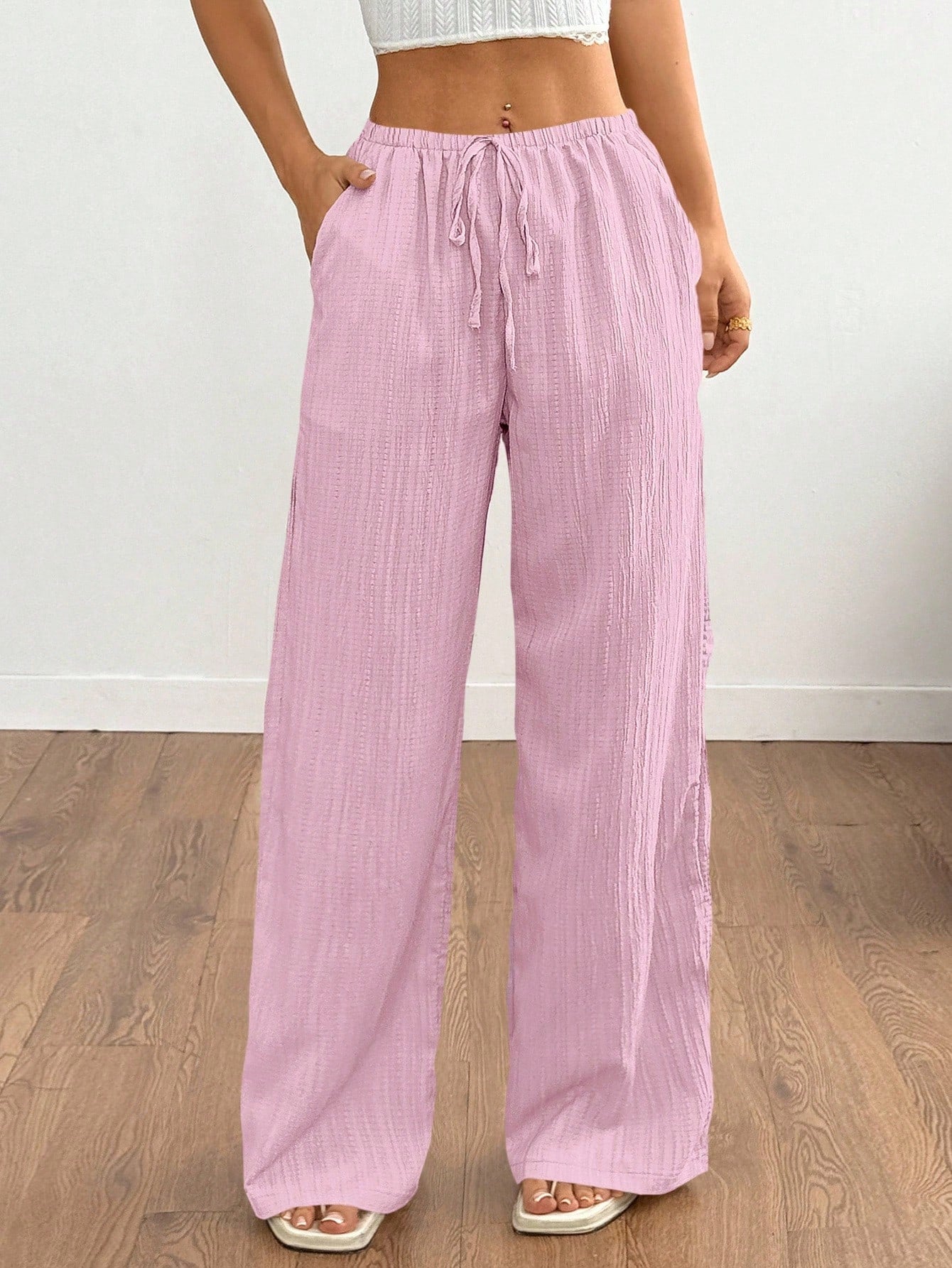 Pleated Drawstring Wide-Leg Pants-Multicolor