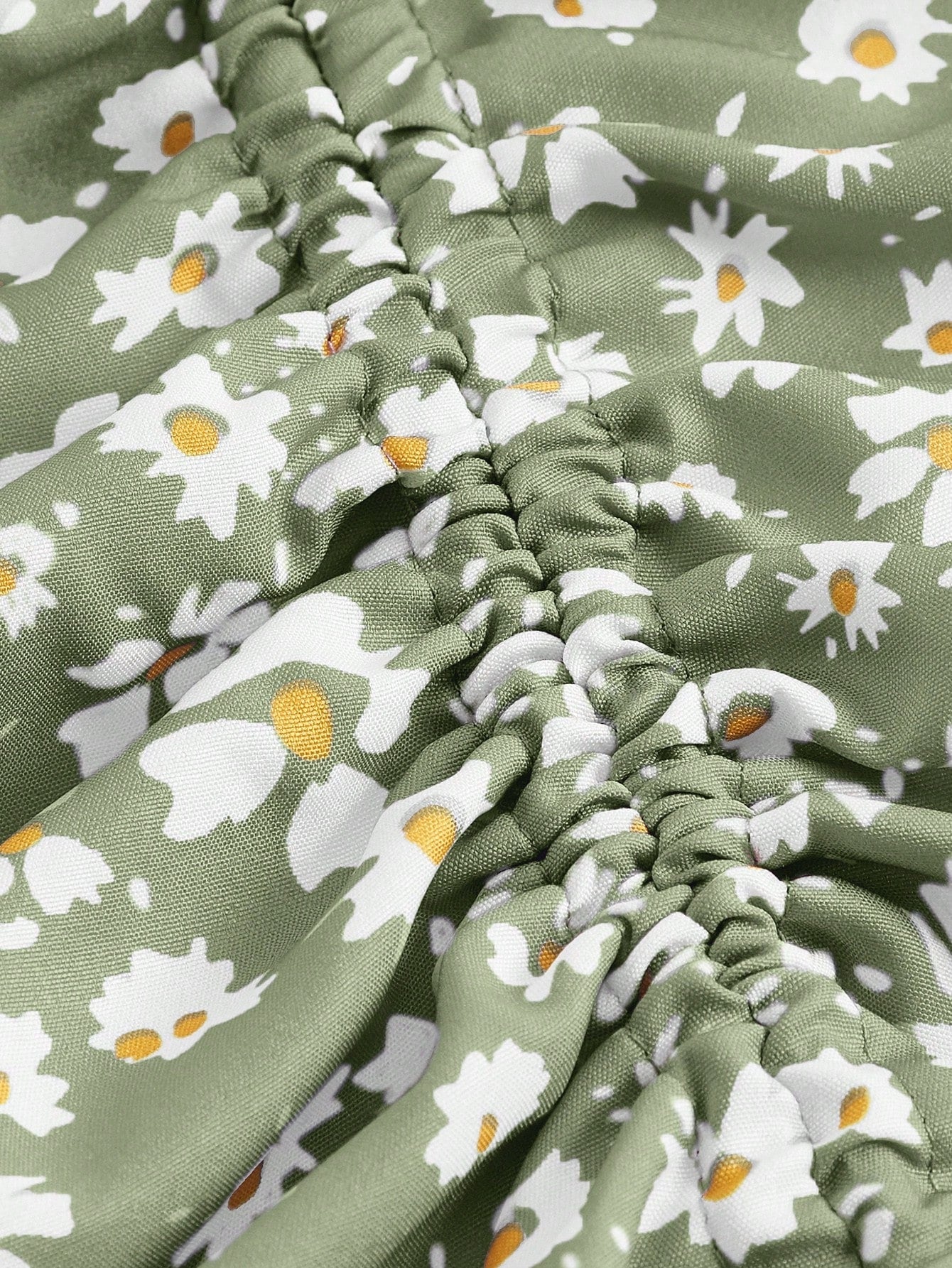 Daisy Print High-Waisted Side Drawstring Casual Midi Skirt-Green