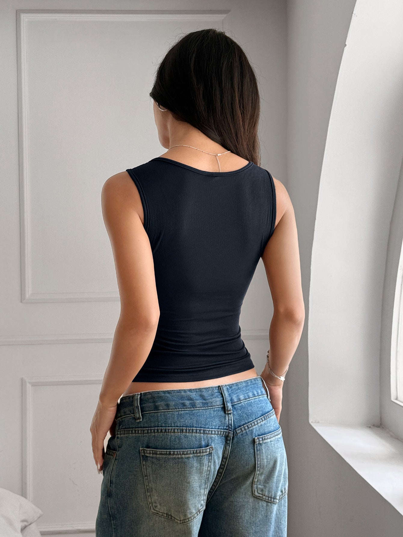 Square Neck Button Sleeveless Top
