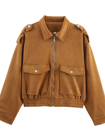 Cropped Suede Utility Bomber Jacket