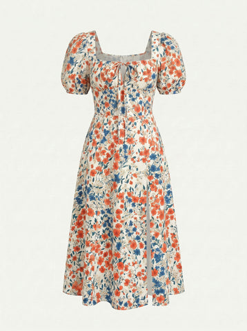 Floral Print Puff Sleeve Tie MidiDress