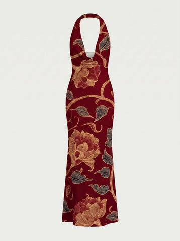 LILA Floral Print Cowl Neck Bodycon Midi Dress