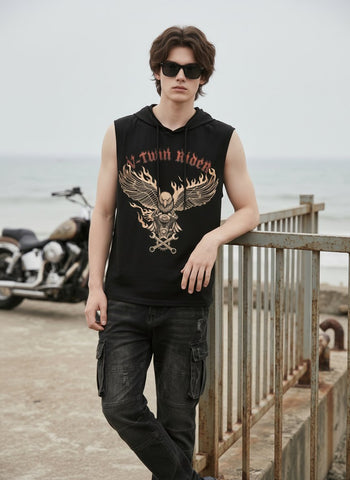 Graphic Eagle Print Hooded Tank Top