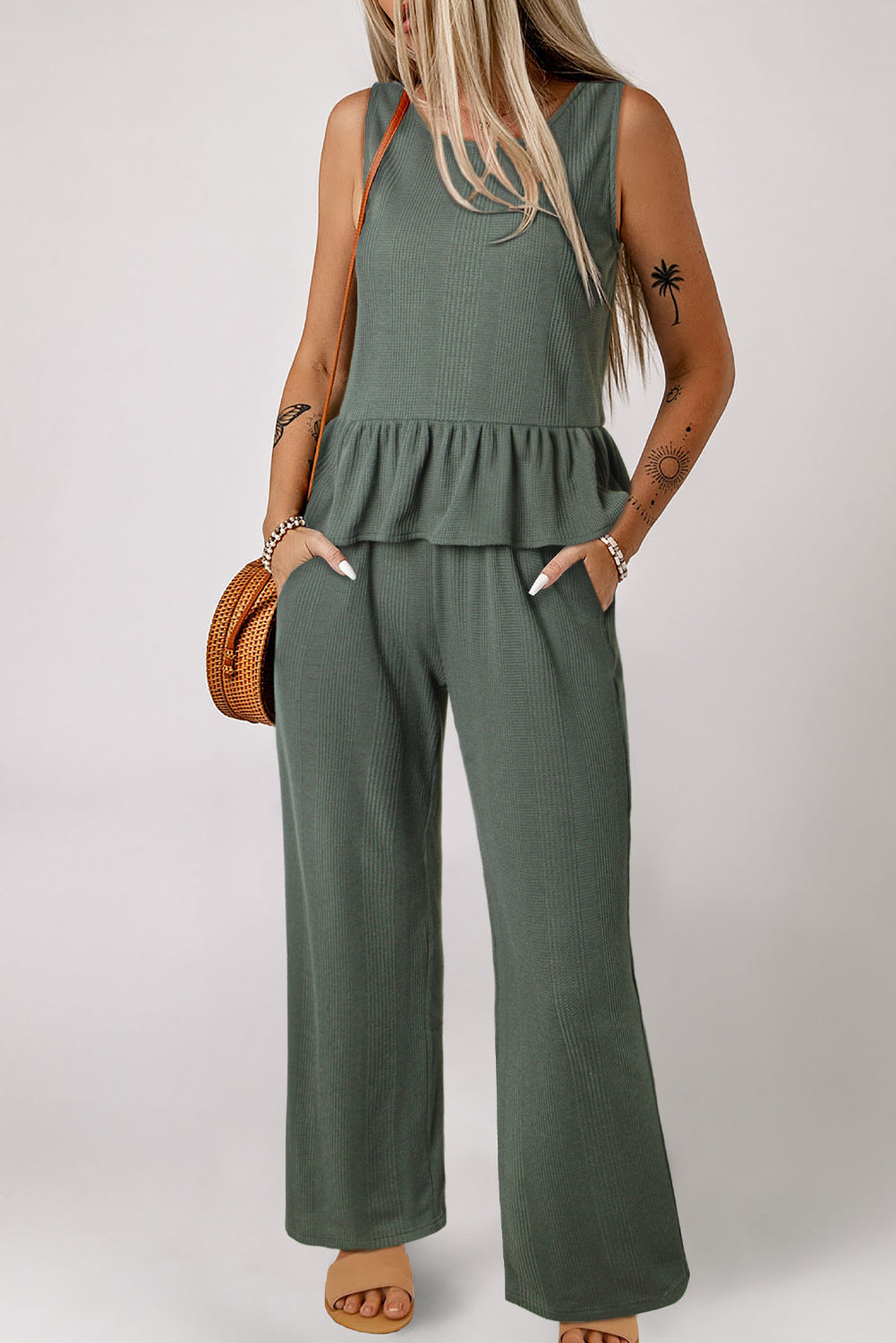 Ribbed Peplum Top Wide Leg Pant Set