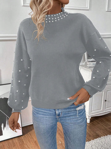 Embellished Pearl Knit Pullover Sweater