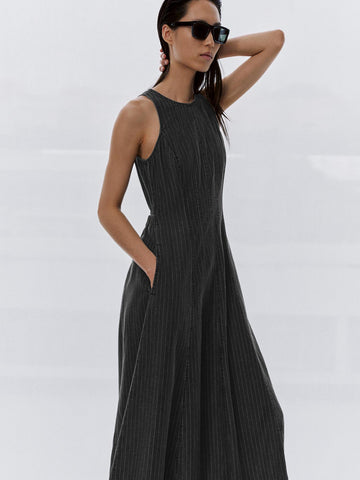 Urban Revivo Sleeveless Denim Midi Dresses-Deep Dark Gray Stripes