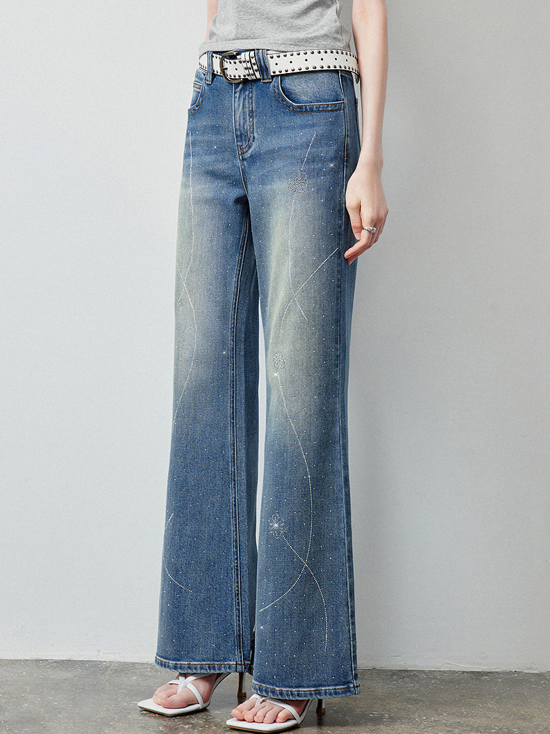 Sparkly Rhinestone Embellished Wide Leg Jeans