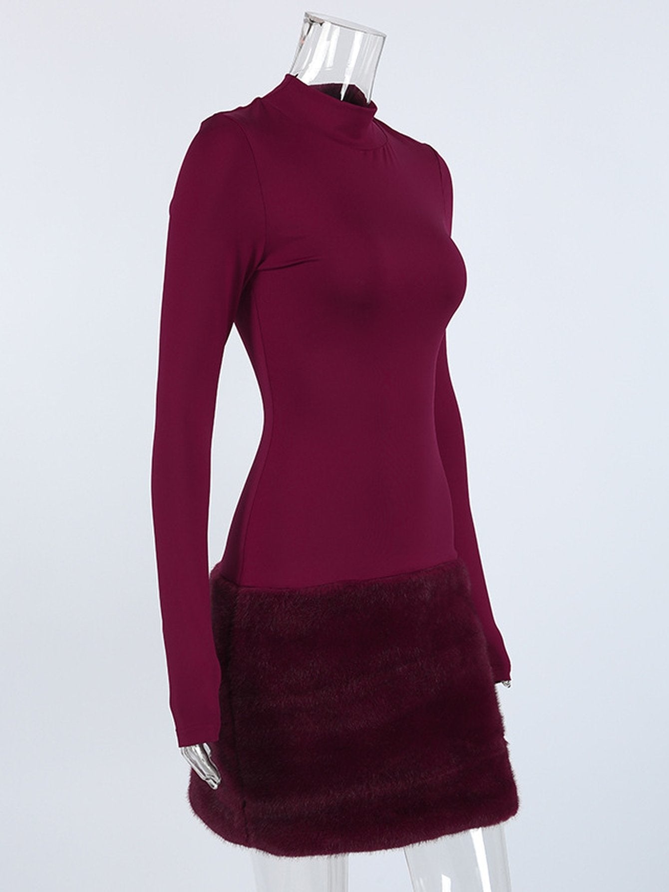 Faux Fur Trim Mock Neck Dress