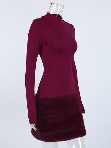 Faux Fur Trim Mock Neck Dress