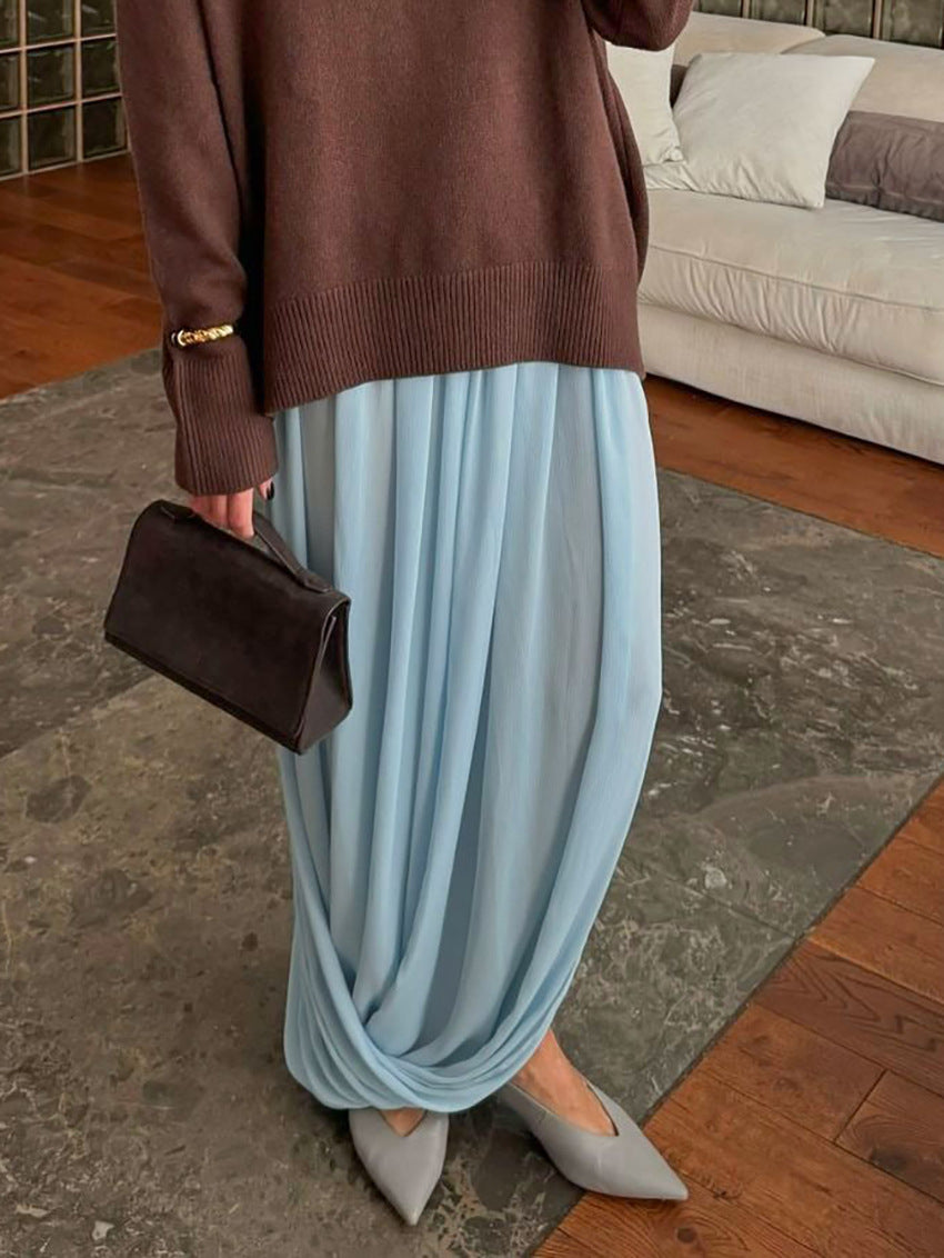 Flowy Draped High Waisted Midi Skirt