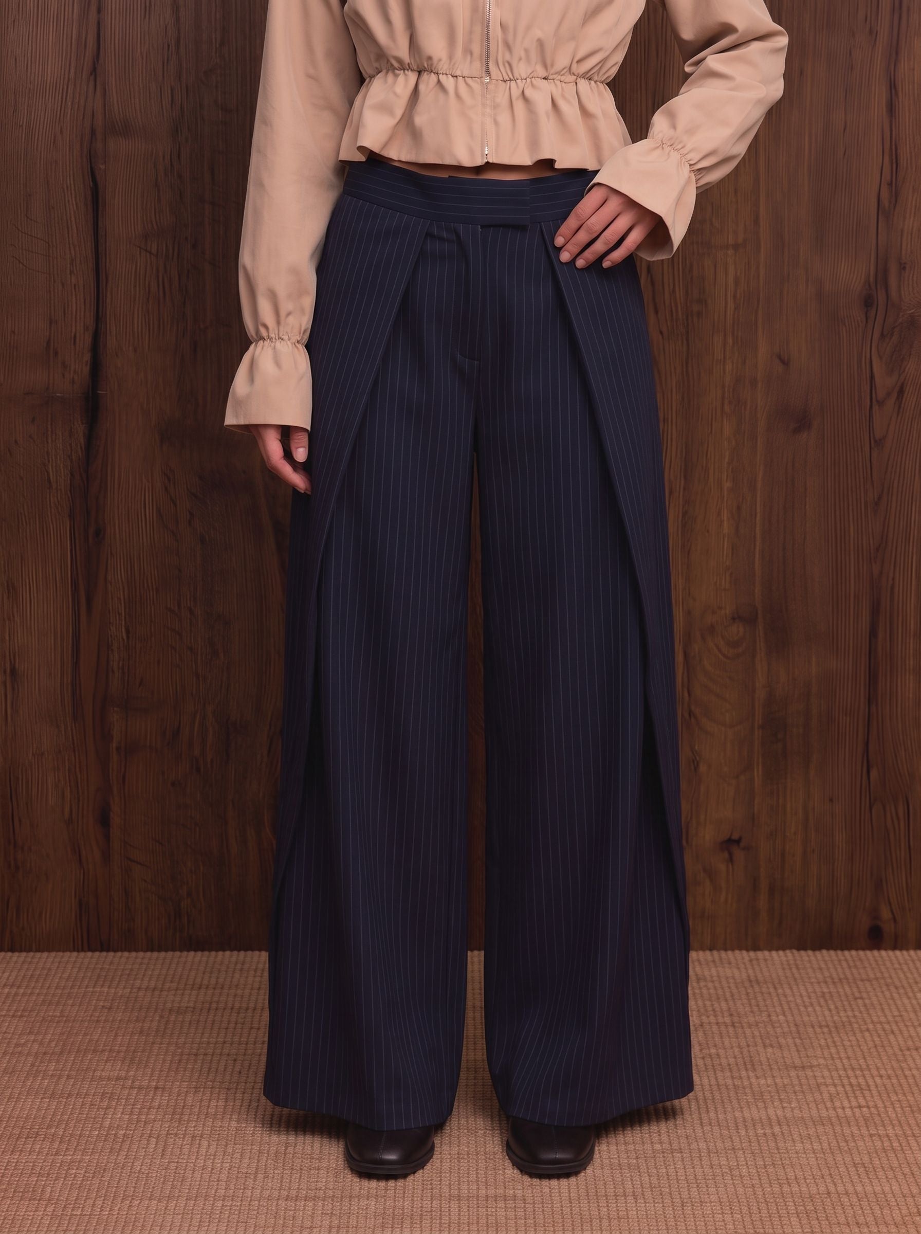 High Waisted Pinstripe Wide Leg Trousers