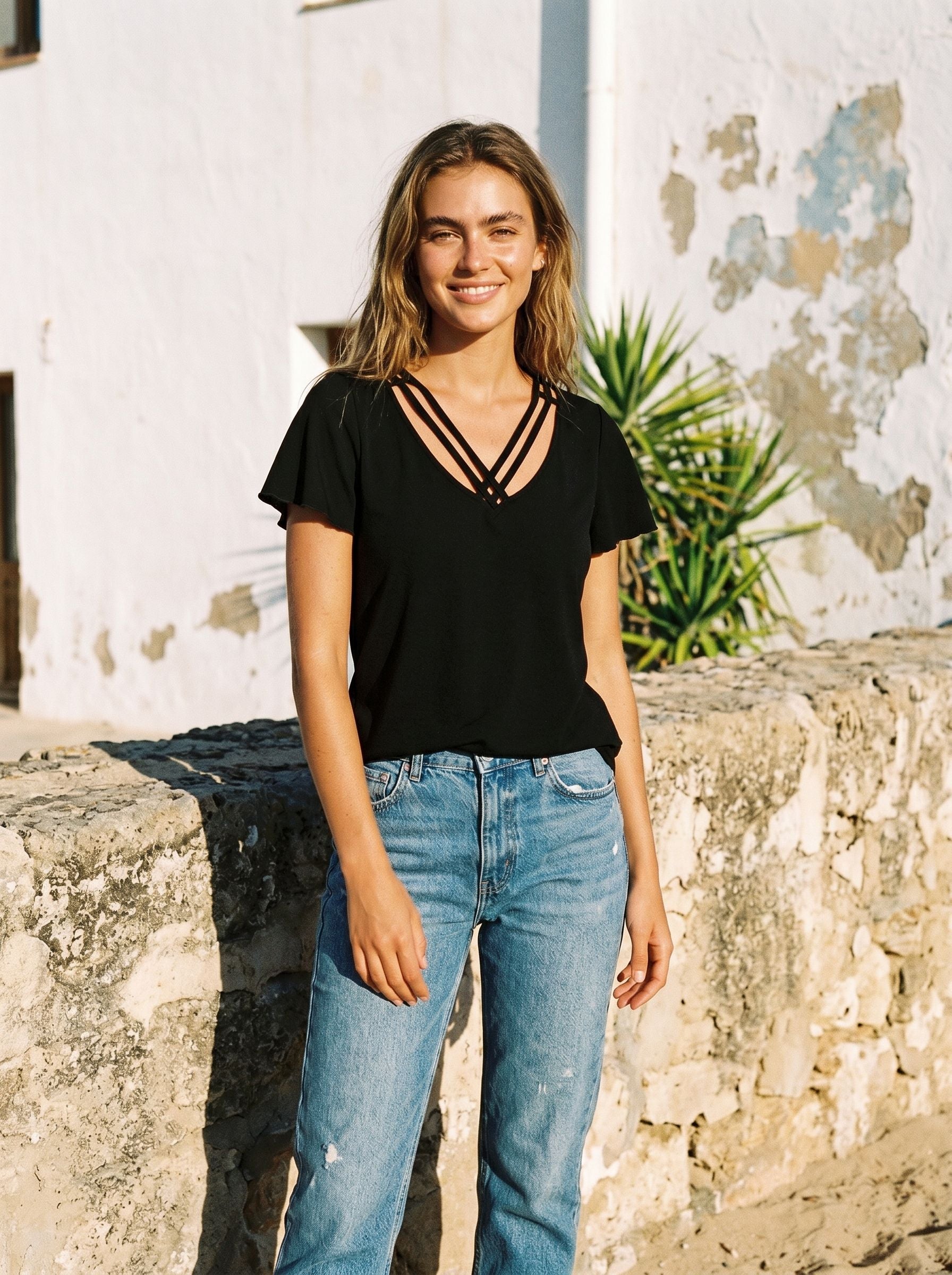 Crisscross V Neck Flutter Sleeve T-Shirt