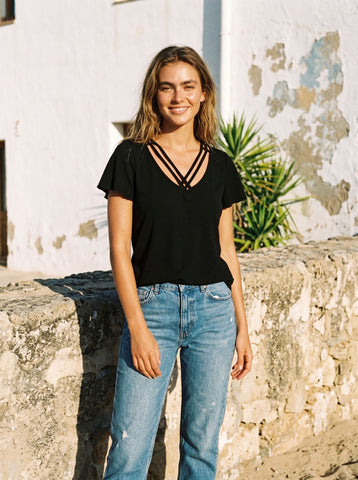 Crisscross V Neck Flutter Sleeve T-Shirt