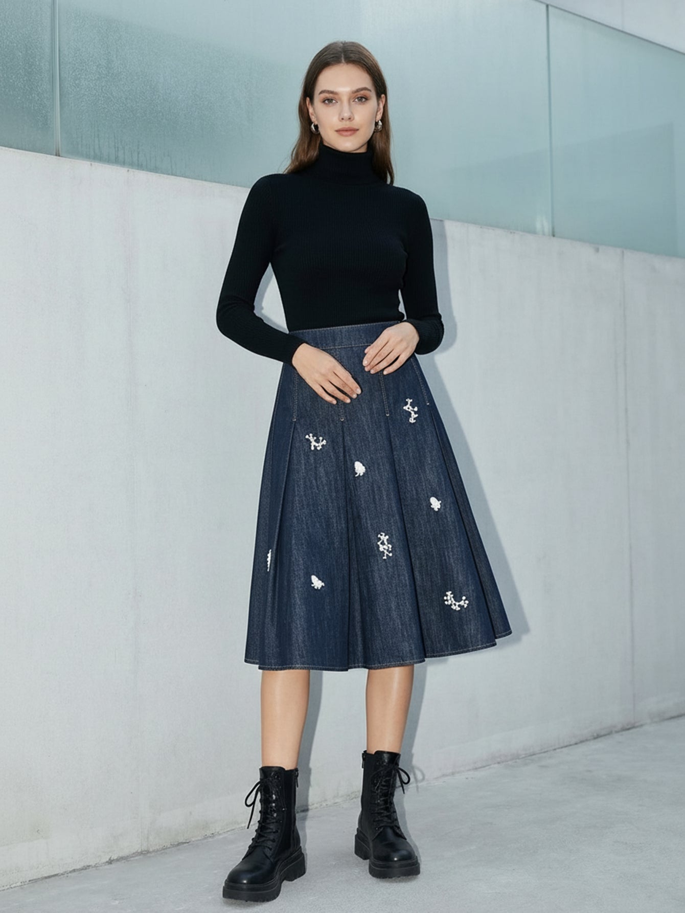 Urban Revivo Ruffled Trim Embroidered Pleated Denim Midi Skirts-Blue