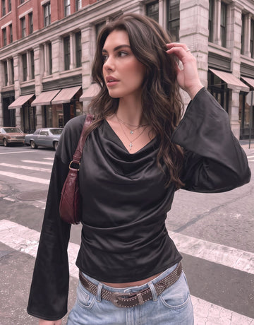 Satin Drape Neck Bell Sleeve Blouse