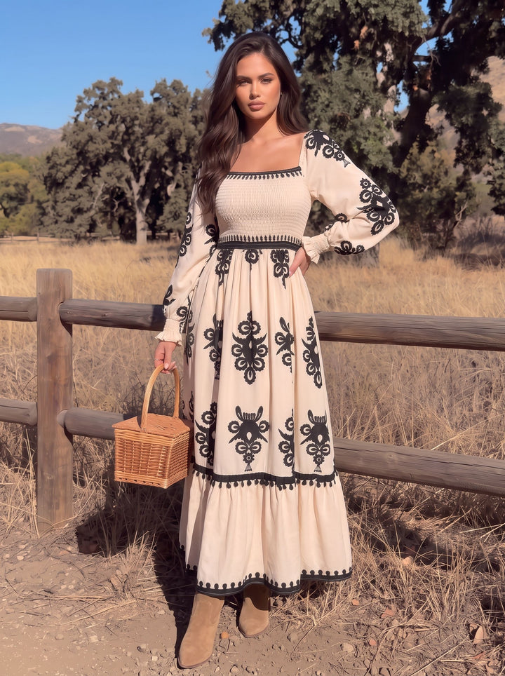 Embroidered Smocked Square Neck Maxi Dress