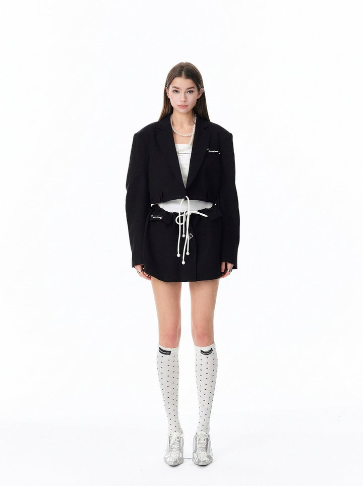 Cropped Drawstring Detail Blazer Jacket
