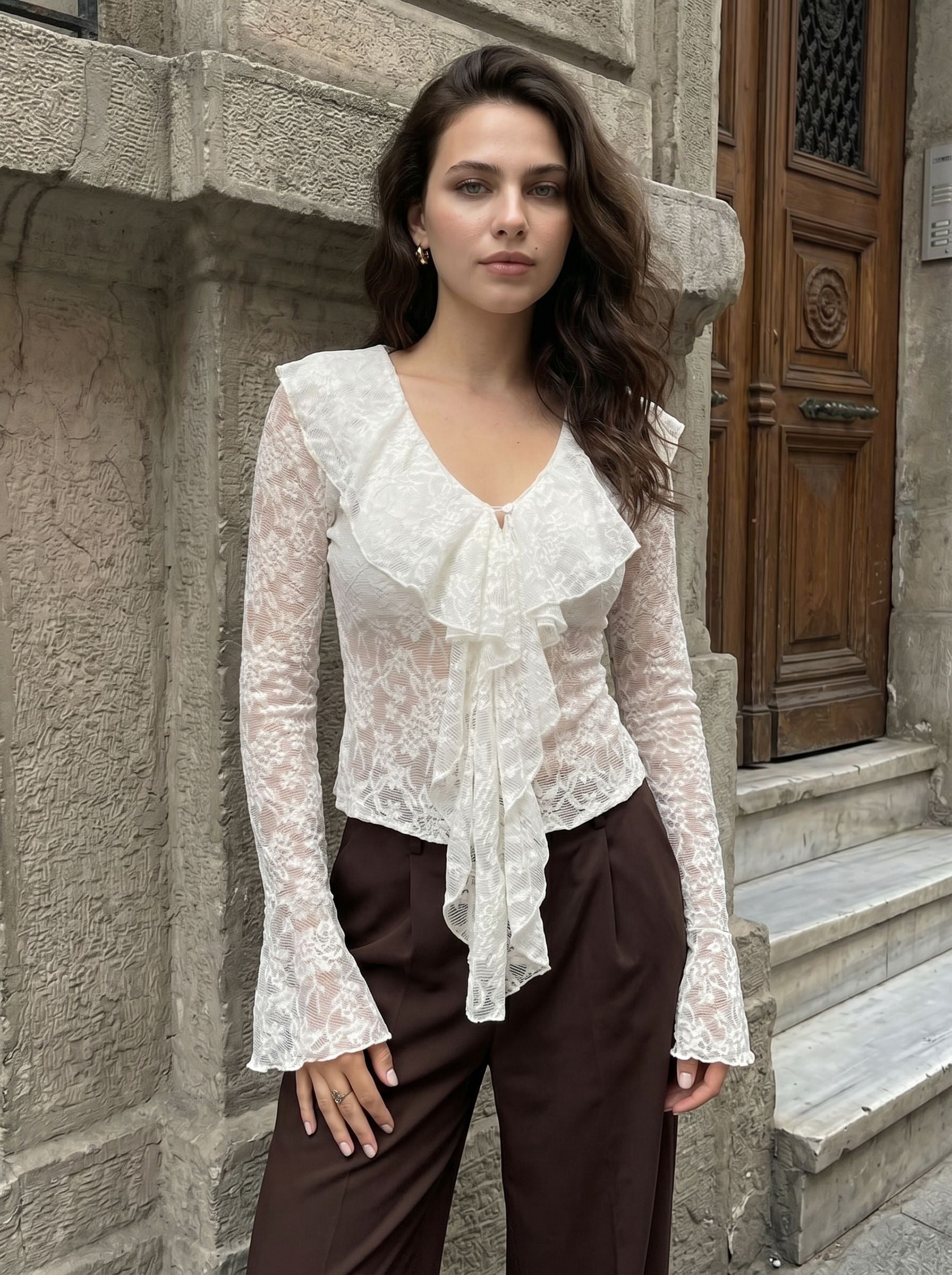 Elegant Ruffled Lace Long Sleeve Blouse