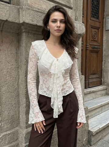 Elegant Ruffled Lace Long Sleeve Blouse