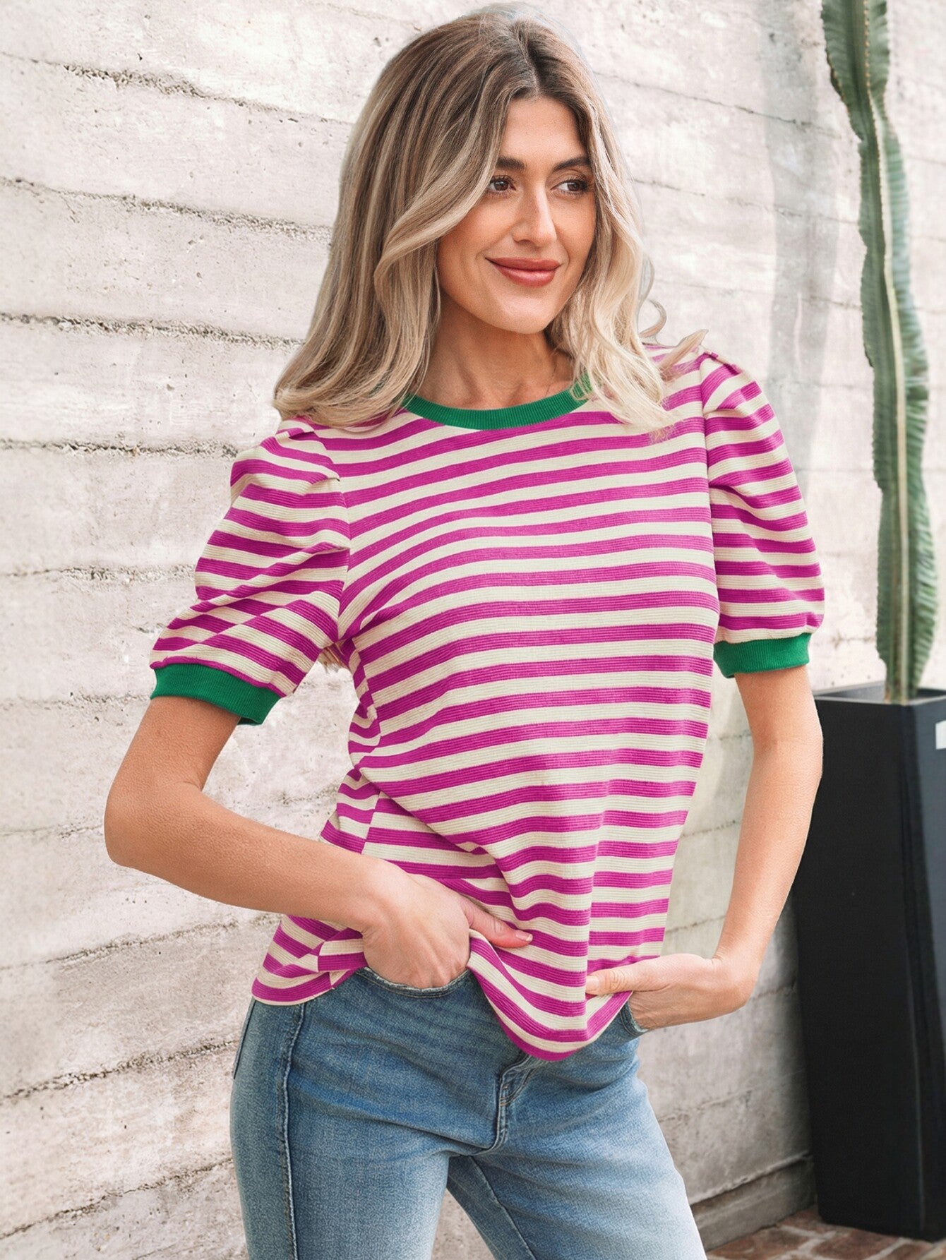 Striped Pattern Puff Sleeve T-Shirt