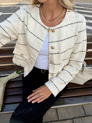 Elegant Striped Tweed Button Jacket