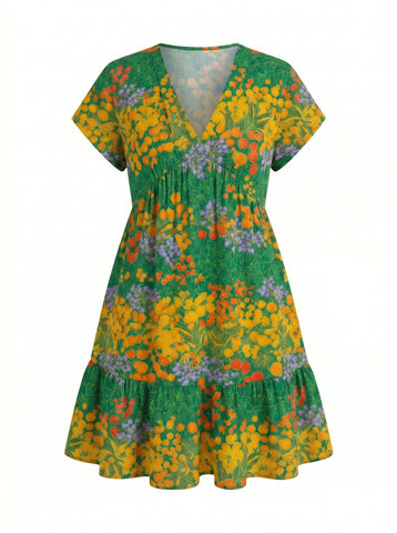 Floral Print V Neck Tiered Babydoll Mini Dress
