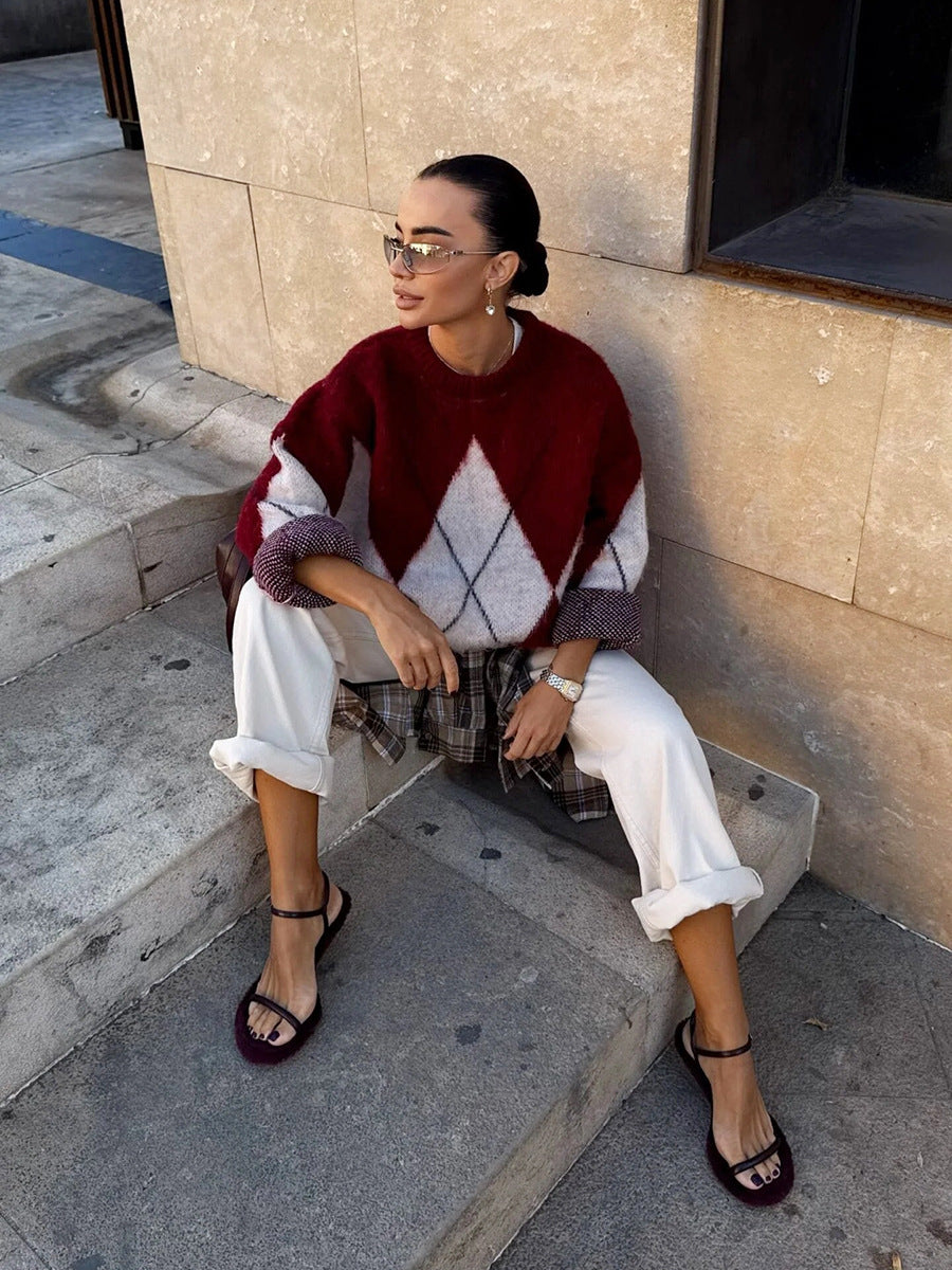 Oversized Argyle Fuzzy Knit Pullover Sweater