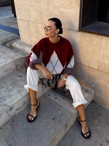 Oversized Argyle Fuzzy Knit Pullover Sweater